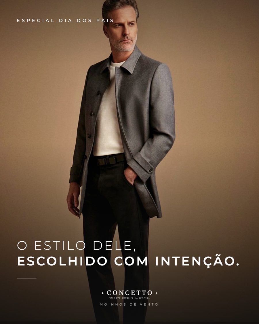 Card de abertura com casaco de lã cinza